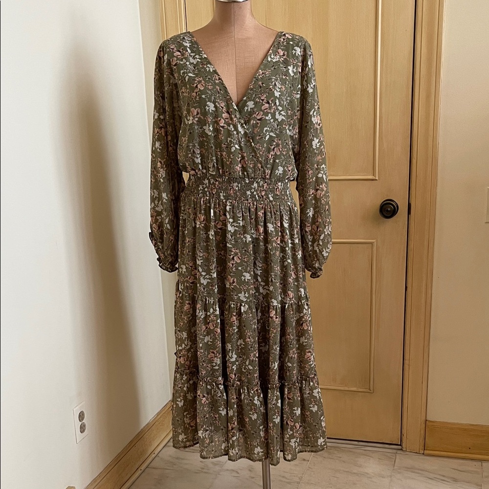 Olive Green Floral Tiered Midi Dress - Picture 2 of 16